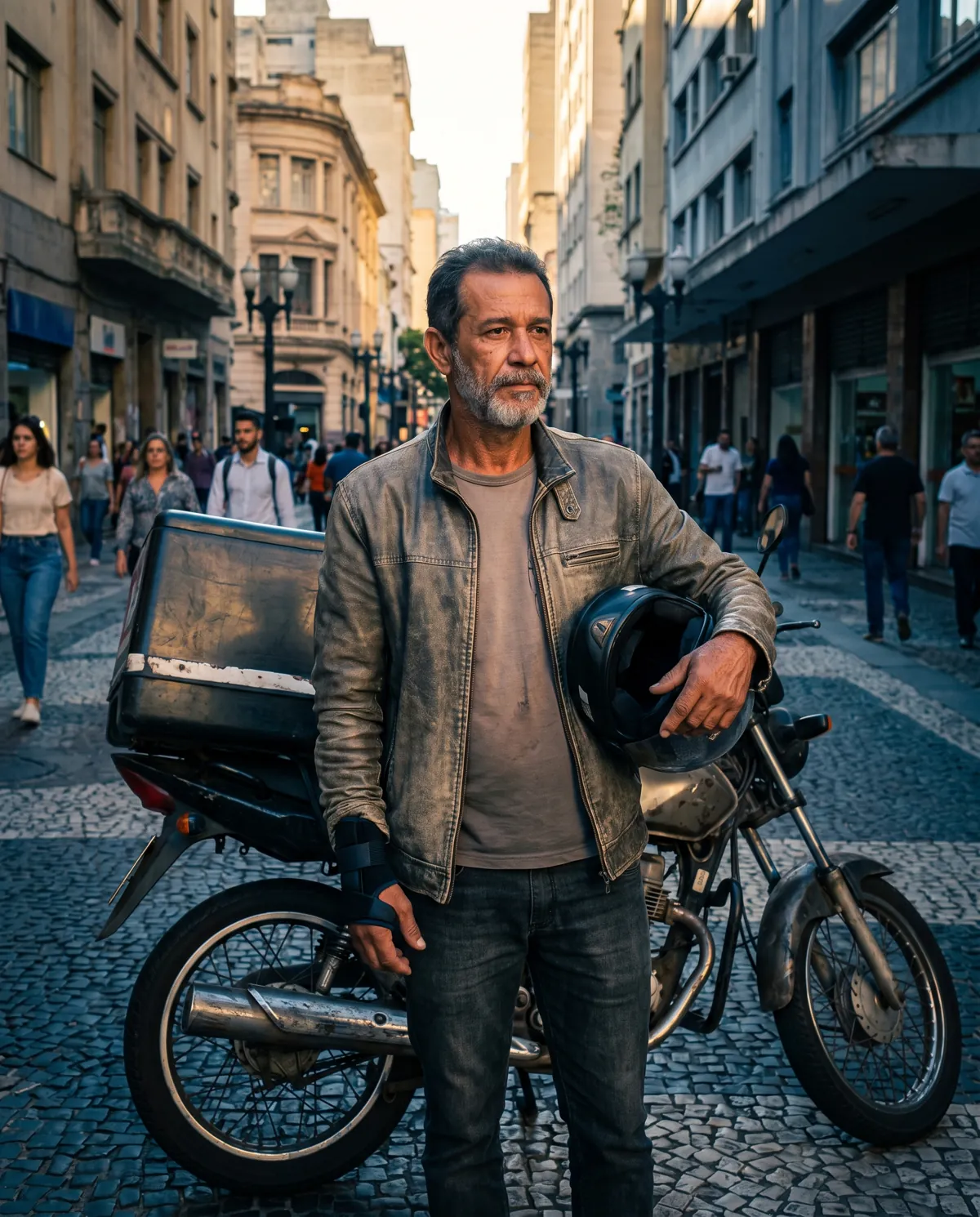 Motoboy com munhequeira segurando o capacete ao lado da moto, no centro de São Paulo