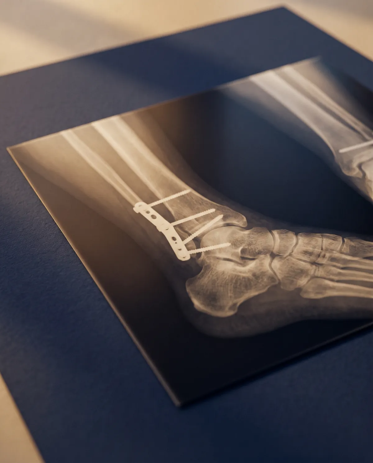 Radiografia de tornozelo com placa e parafusos sobre uma mesa azul-marinho